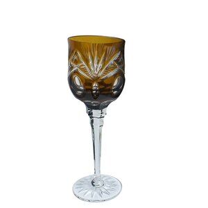 Mid-Century Amber Cut-To-Clear Crystal Wine Glass With Ornate Palm & Oval Motifs